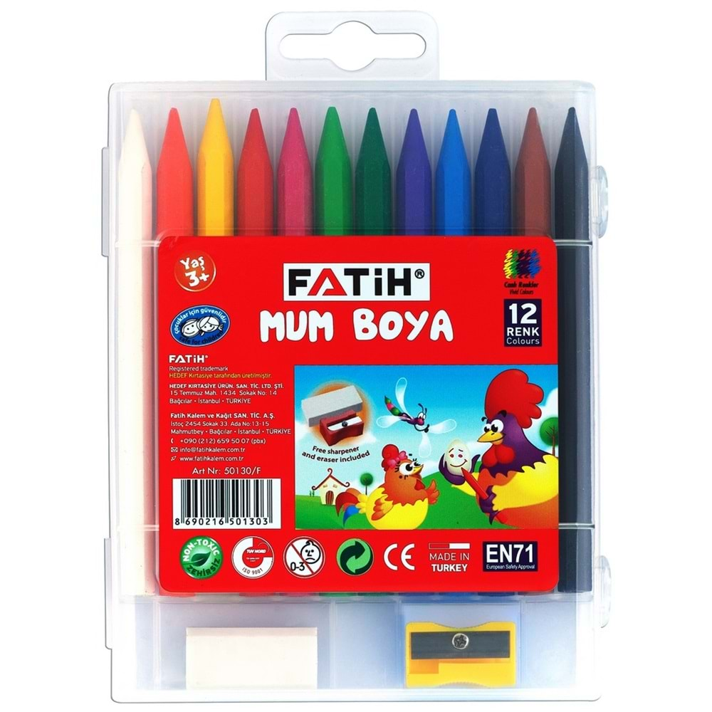 Fatih 12 Renk Uzun Crayon (Mum Boya) Silgi+Kalemtraş Hediye