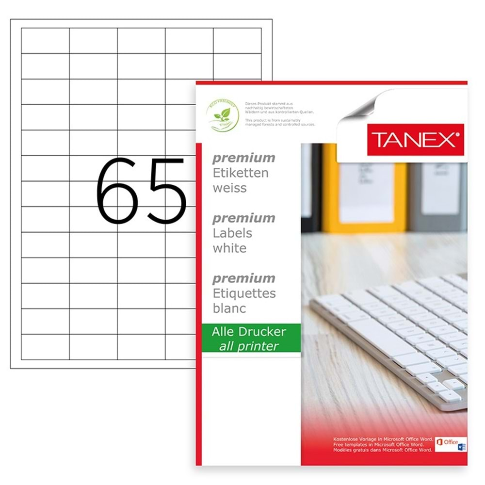 Tanex Premium 38,1x22,2 mm. A4 Lazer Etiket 100 lü TW-2165