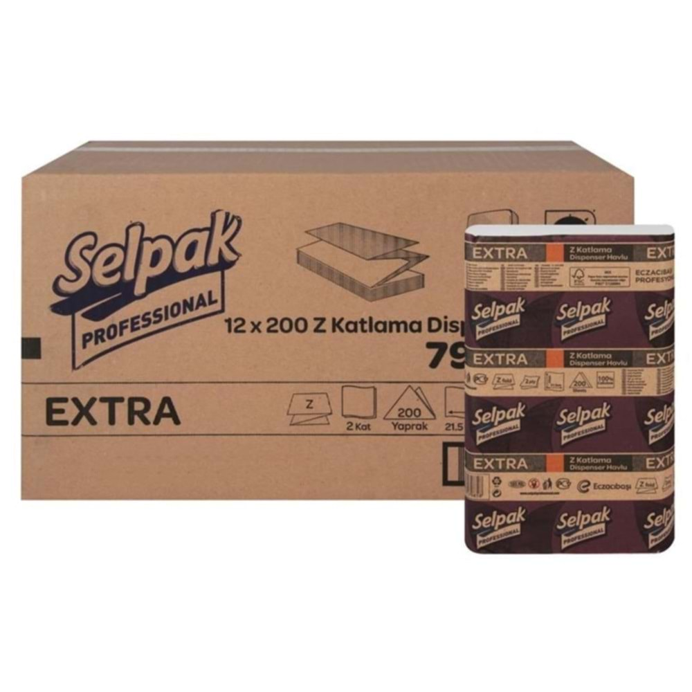 Selpak Prof Extra 21,5 x 24 cm 200 lü 12 Paket Z Havlu Lavabo İçin