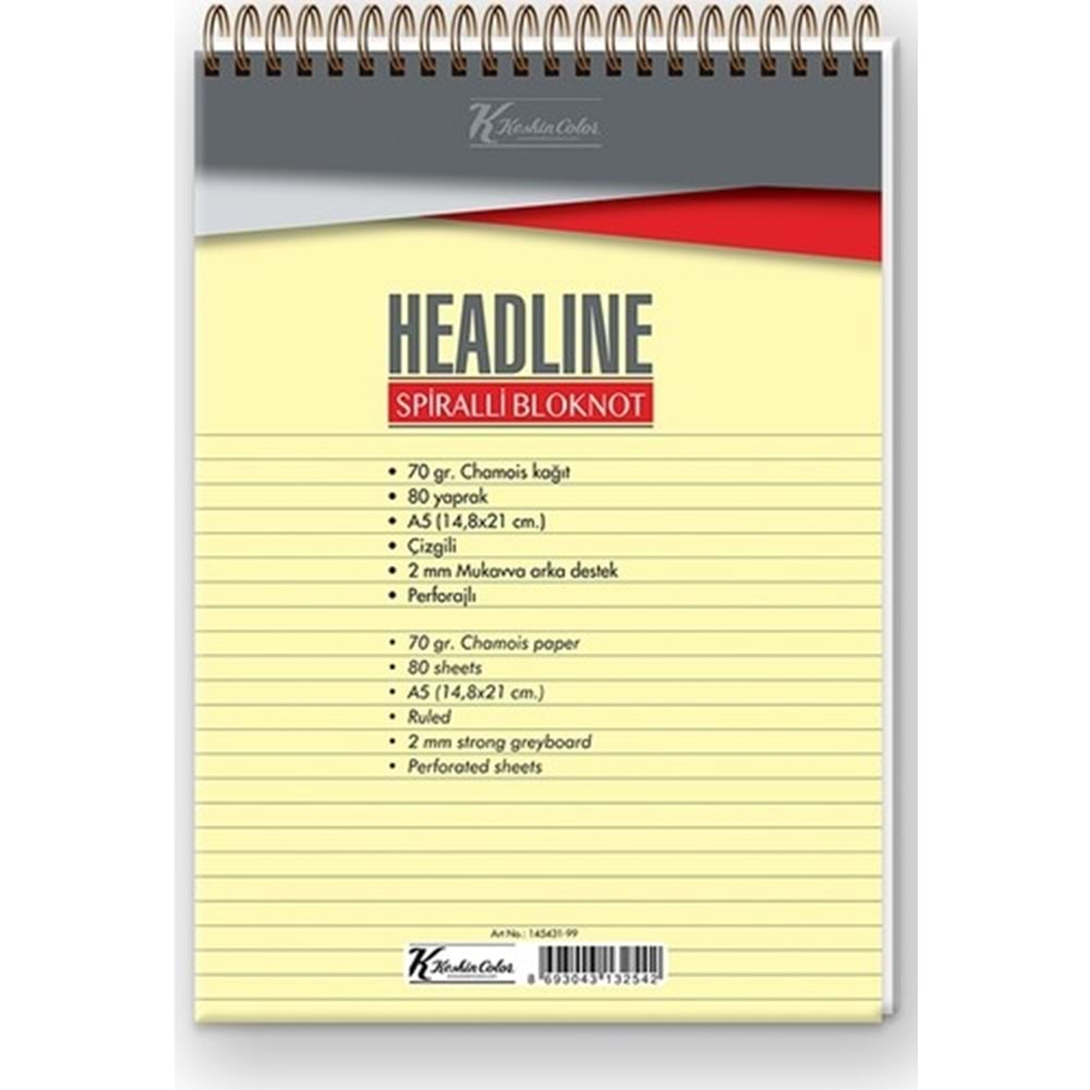 K.Color Headline A5 Üstten Spiralli 80Yp Çizgili Defter Bloknot