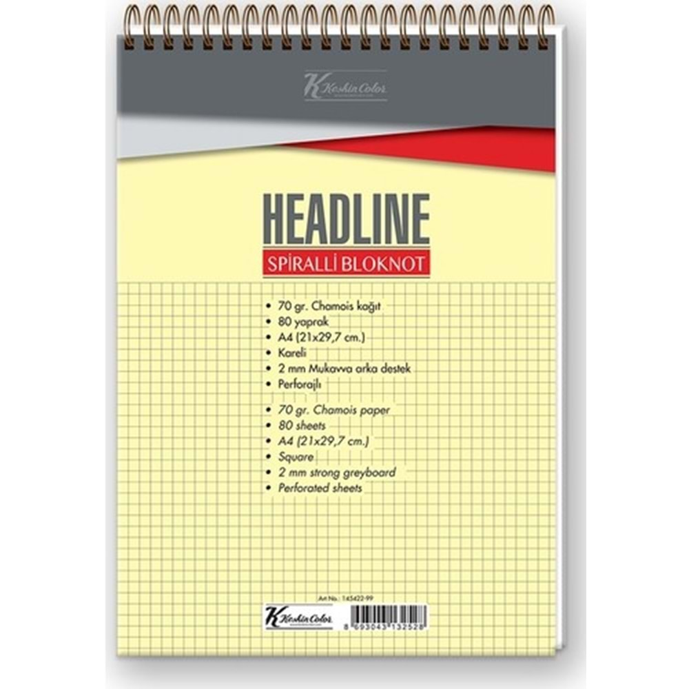 K.Color Headline A4 Üstten Spiralli 80 Yp Kareli Defter Bloknot