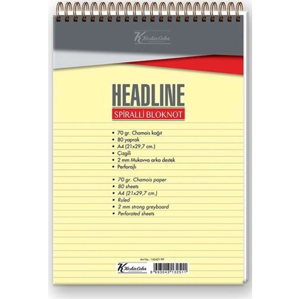 K.Color Headline A4 Üstten Spiralli 80Yp Çizgili Defter Bloknot