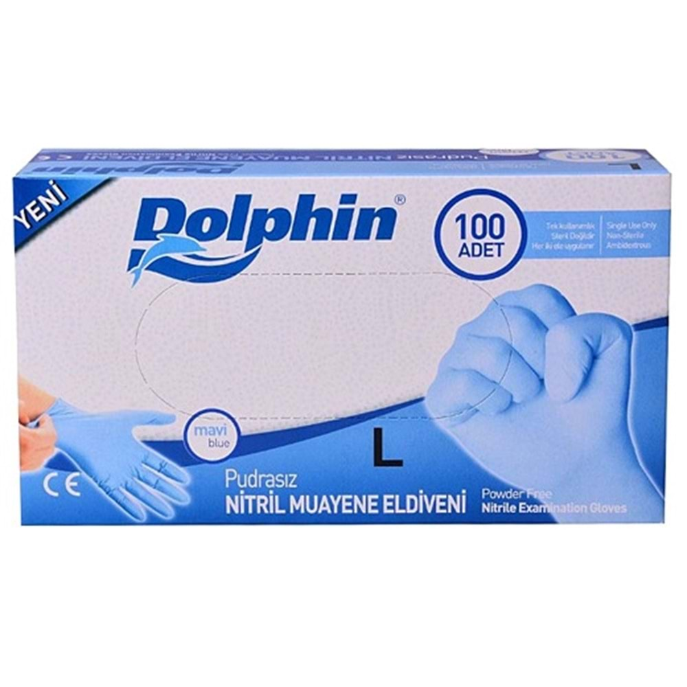 Dolphin Nitril Mavi L Muayene Eldiveni Pudrasız 100 Adet