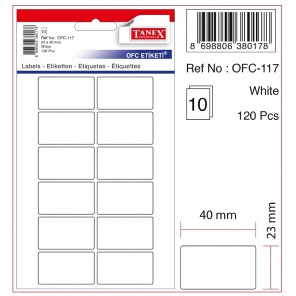 Tanex OFC-117 23x40 mm Beyaz Etiket 10 Adet