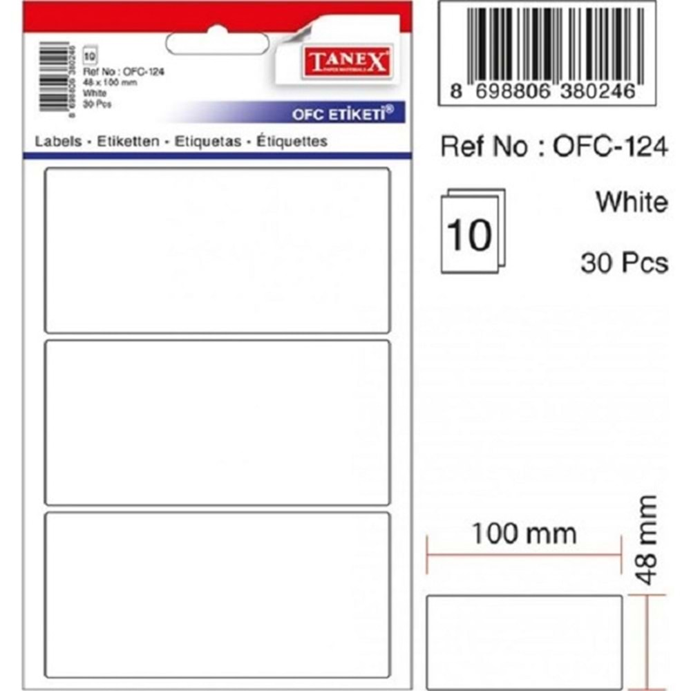 Tanex OFC-124 48x100 mm Beyaz Etiket 10 Adet