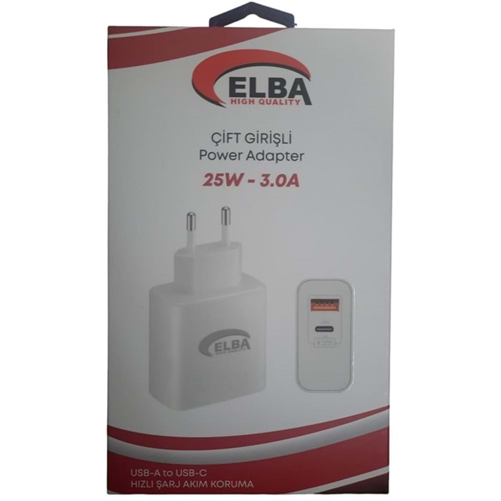 Elba Akım Korumalı Hızlı Şarj Kafası Usb+Type-C Beyaz 3.0A 25W ELB15