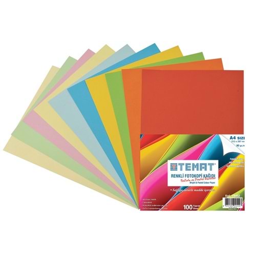 Temat Renkli Fotokopi Kağıdı Fosforlu ve Pastel Krş. Renk 100 lü