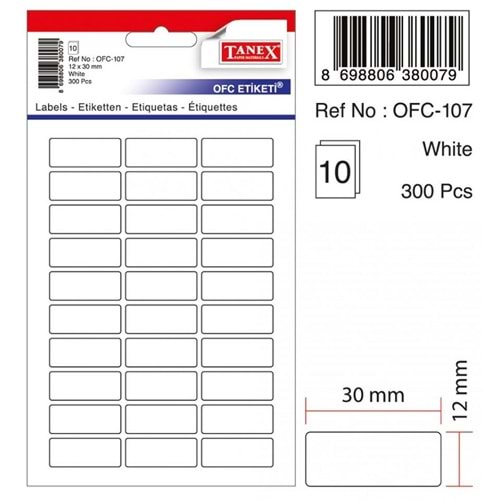 Tanex OFC-107 12x30 mm Beyaz Etiket 10 Adet