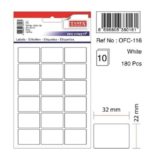 Tanex OFC-116 22x32 mm Beyaz Etiket 10 Adet