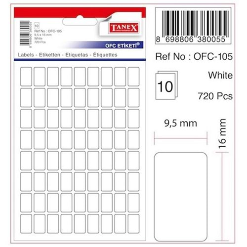 Tanex OFC-105 9,5x16 mm Beyaz Etiket 10 Adet