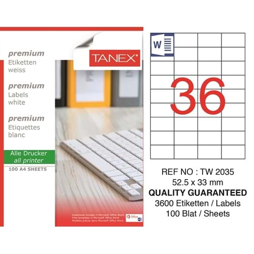 Tanex Premium 52,5x33 mm. A4 Lazer Etiket 100 lü TW-2035