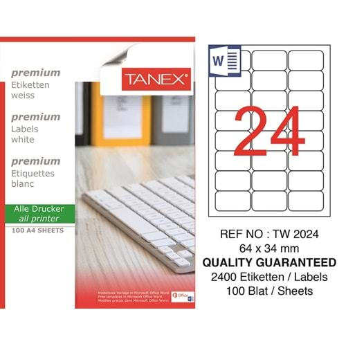 Tanex Premium 64x34 mm. A4 Lazer Etiket 100 lü TW-2024