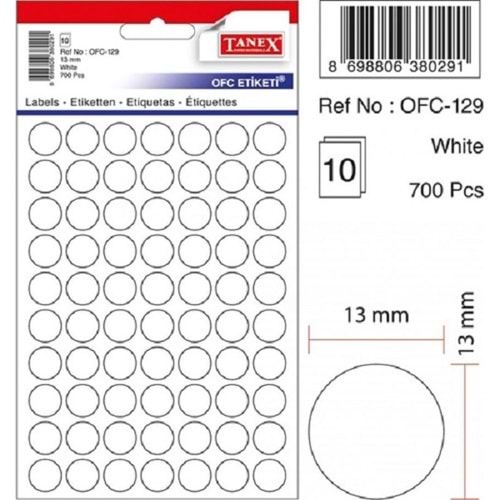 Tanex OFC-129 13 mm Beyaz Ofis Etiketi 10 Adet