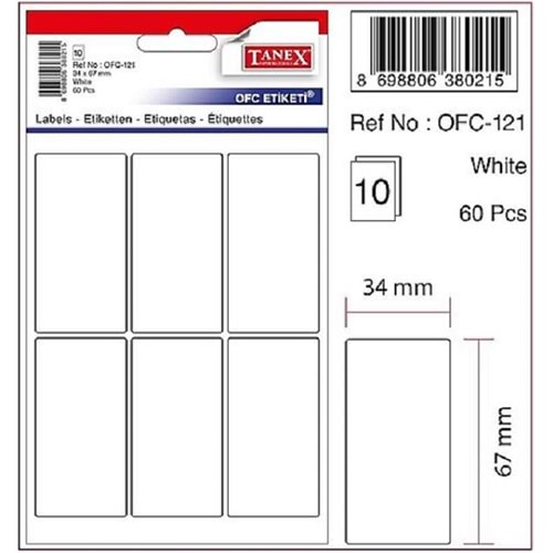 Tanex OFC-121 34x67 mm Beyaz Etiket 10 Adet