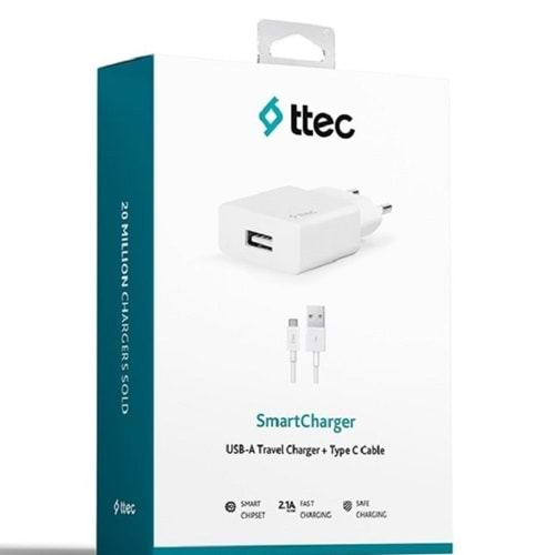 Ttec SmartCharger 2.1A Seyahat Şarj Aleti + USB-A - USB-C Kablo Beyaz 2SCS20CB