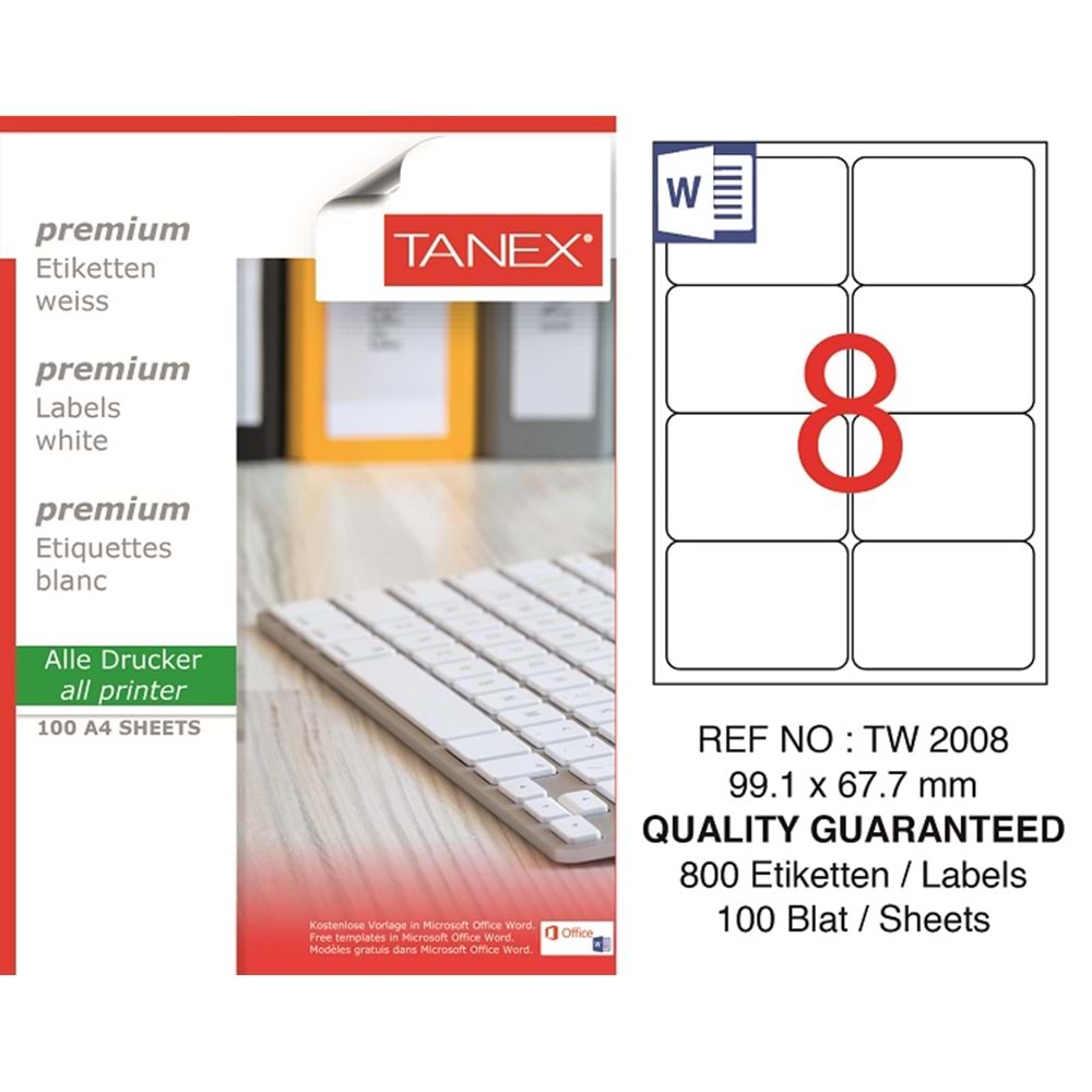 Tanex Premium 99,1x67,7 mm. A4 Lazer Etiket 100 lü TW-2008