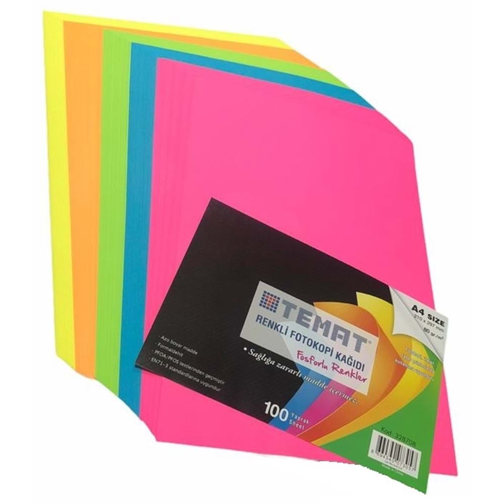 Temat 100 Sayfa Renkli Fotokopi Kağıdı 5 Renk Fosforlu
