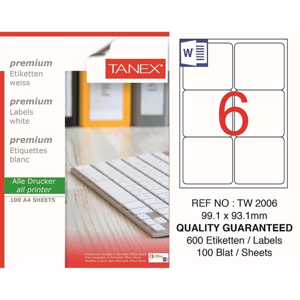 Tanex Premium 99,1x93,1 mm. A4 Lazer Etiket 100 lü TW-2006