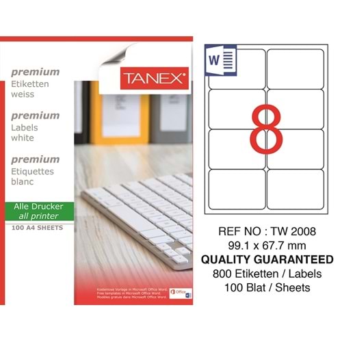 Tanex Premium 99,1x67,7 mm. A4 Lazer Etiket 100 lü TW-2008