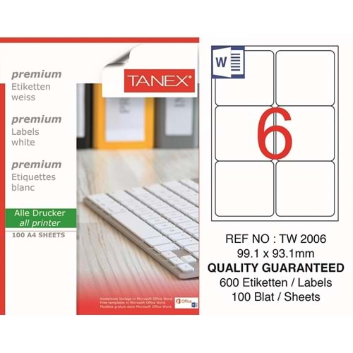 Tanex Premium 99,1x93,1 mm. A4 Lazer Etiket 100 lü TW-2006