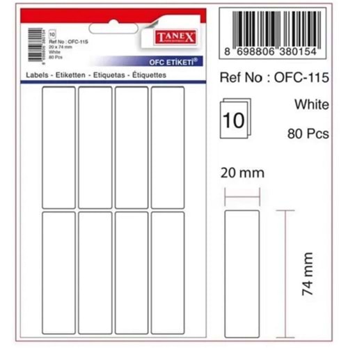 Tanex OFC-115 20x74 mm Beyaz Etiket 10 Adet