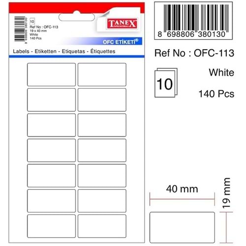 Tanex OFC-113 19x40 mm Beyaz Etiket 10 Adet
