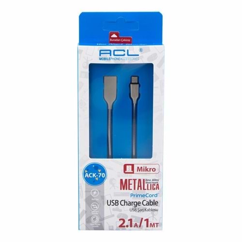 Acl Kablo Metal USB Şarj-Veri Mikro 2.1A 1 mt. ACK-70